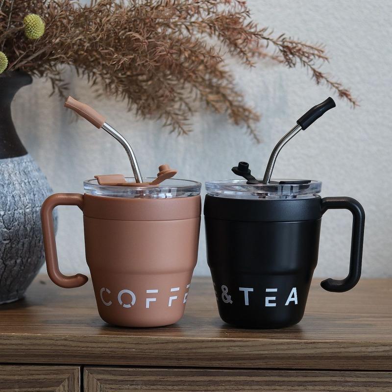 480ml 304 Stainless Steel Mug with Straw Lid Japanese Tea Cup Double Layer Coffee Cup Milk Cup Thermos Mug Outdoor Bottle