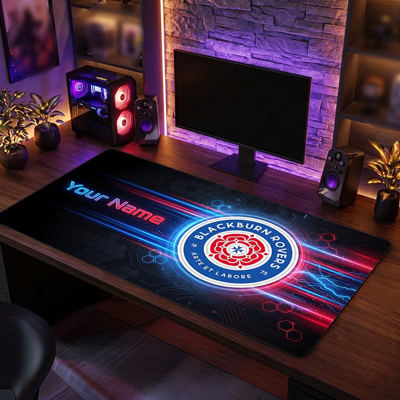 Blackburn Rovers FC Custom Large Mouse Pad, Personalized Name Text Print, Football Logo Non‑Slip Desk Mat Gaming Gift