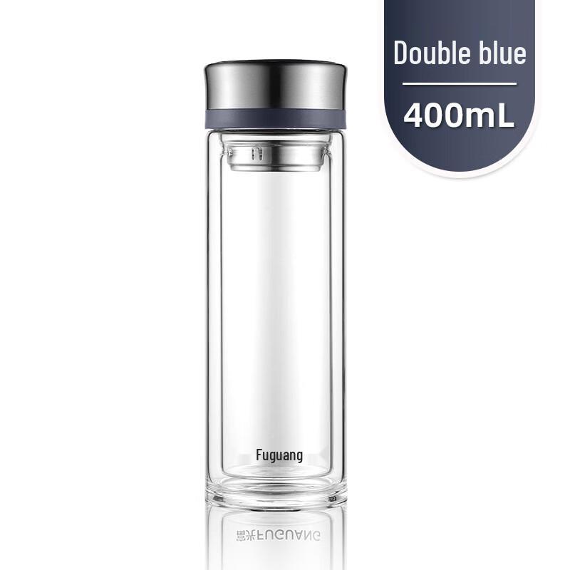 Fuguang Double-Layer 400ml Portable Blue Glass Tea Cup with Lid
