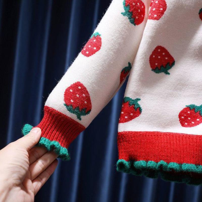 Girls Knitted Cardigan Button V-Neck Sweater With Cute Strawberry Jacquard Kids Long Sleeve Sweater