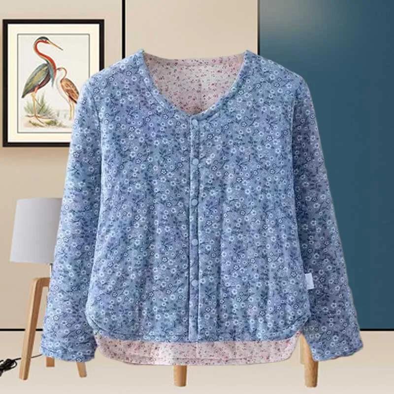 Autumn Winter Single-piece Long-sleeved Home Clothing Middle-aged and Elderly Women's Cardigan Thermal Underwear Fleece Tops