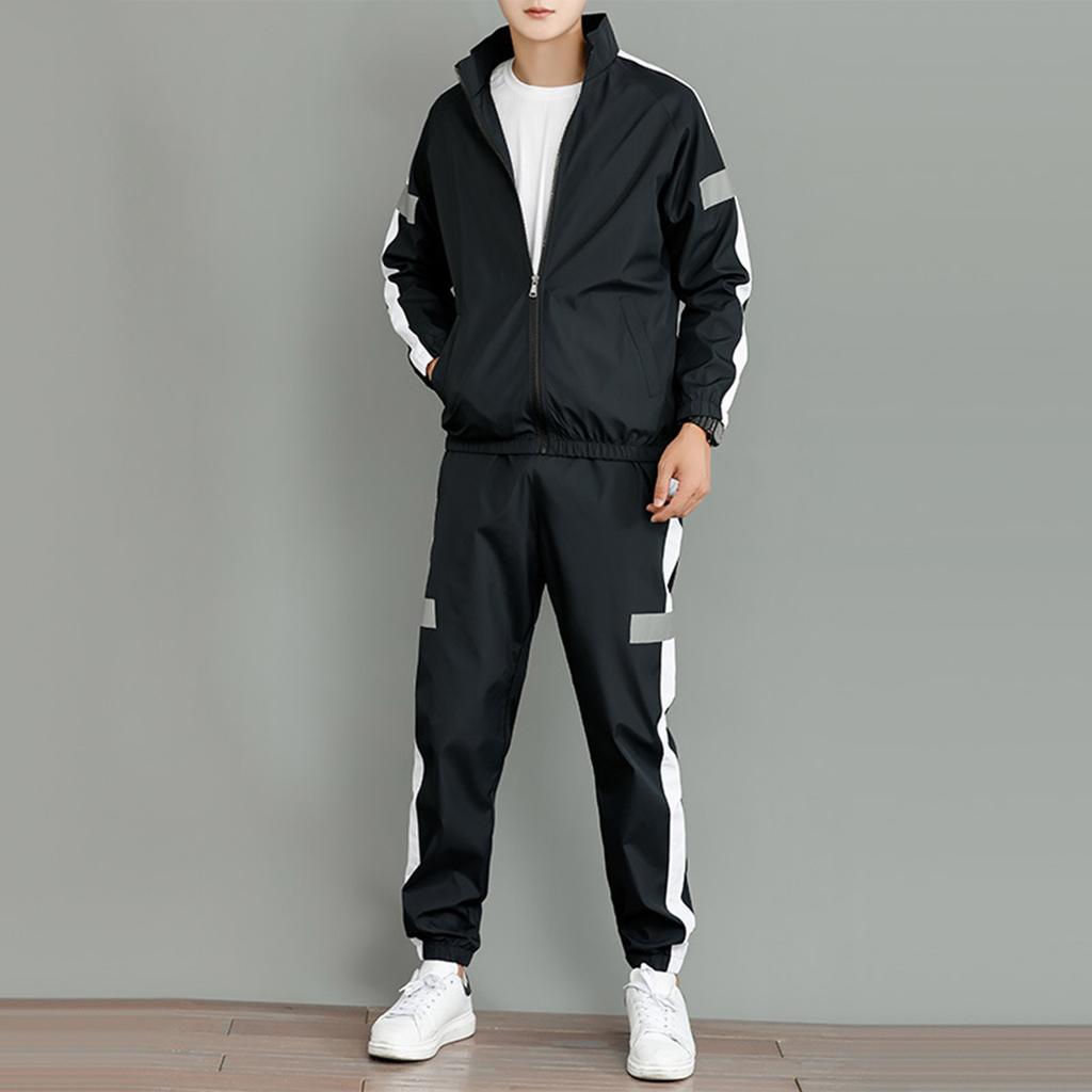 Unisex Color Reflective Strip Sports Suit Casual Fashion Long Sleeved Cardigan Jacket Sweatpants Set