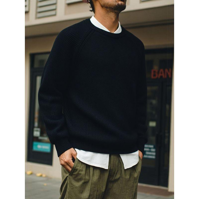 American Retro Heavyweight Pure Cotton Thick Waffle Knit Sweater for Men, Winter Base Layer, Export Men's Round Neck Knitwear
