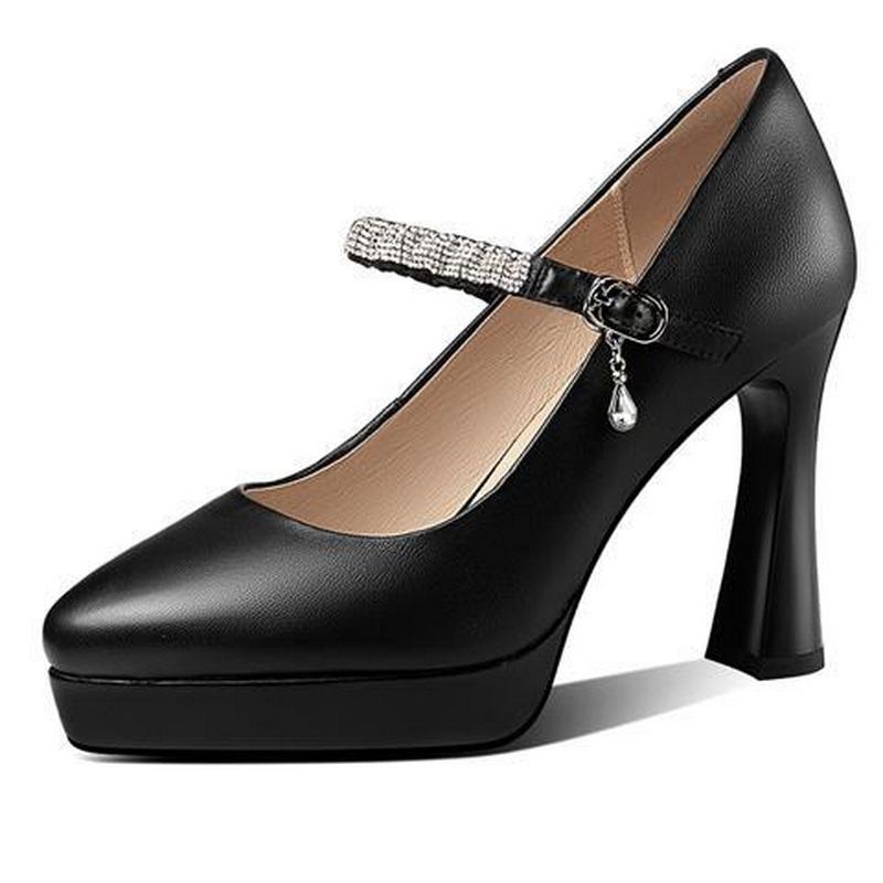 Fashion FHC 2024 New Leather Women Platform Pumps, High Heels Shoes,Front Rhinestone Ankle Buckle Strap,34-40,Black,Beige,Dropship