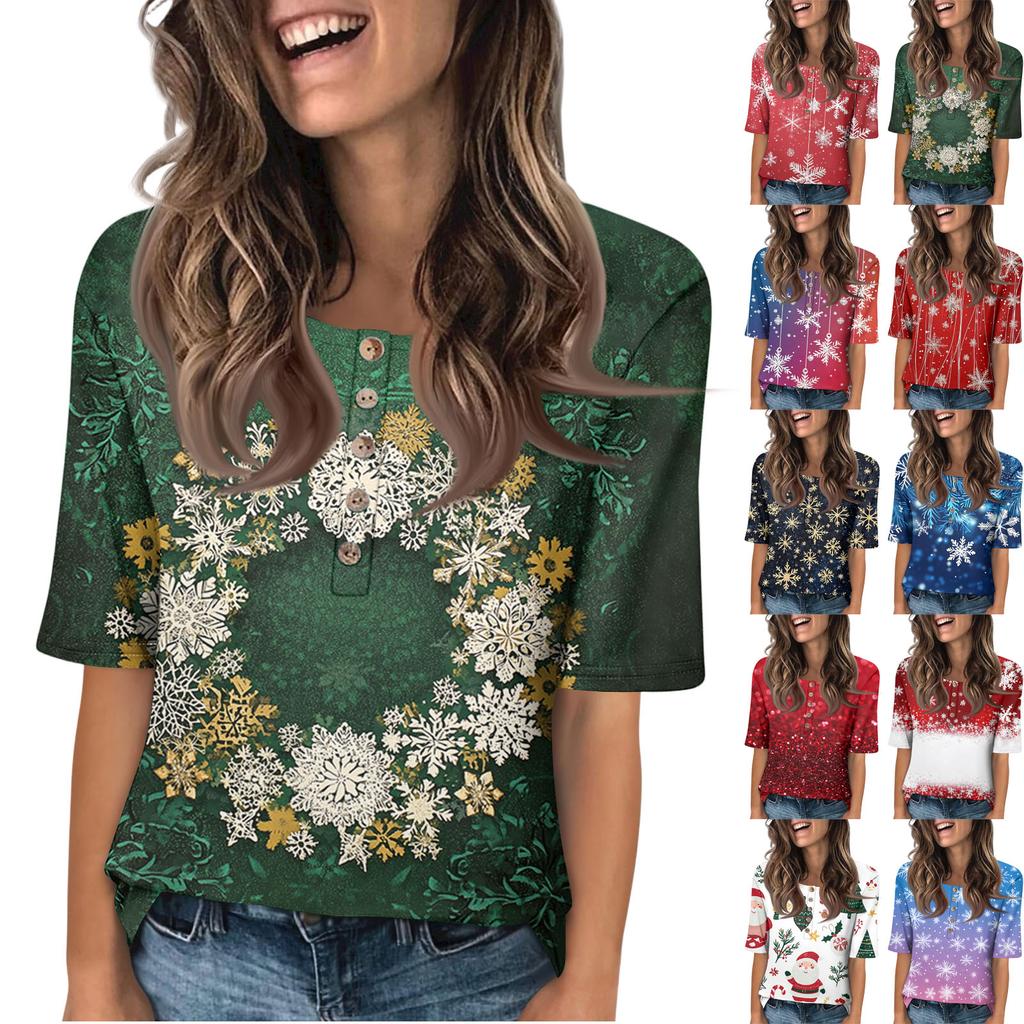 Shirts For Women Trendy Round Neck Button T Shirts Printed Blouse Half Sleeve Tops For Women