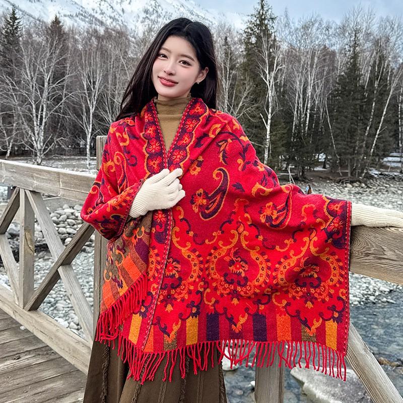 Womens Winter Oversized Shawl Wrap Scarf Boho Ethnic Print Faux Cashmere Warm Blanket With Tassels