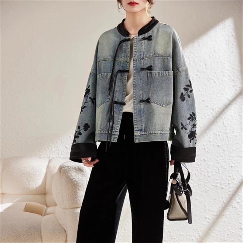 Vintage Print Denim Jacket Women Spring Autumn Fashion Long Sleeve Jeans Short Coat Female Loose Cowboy Outwear