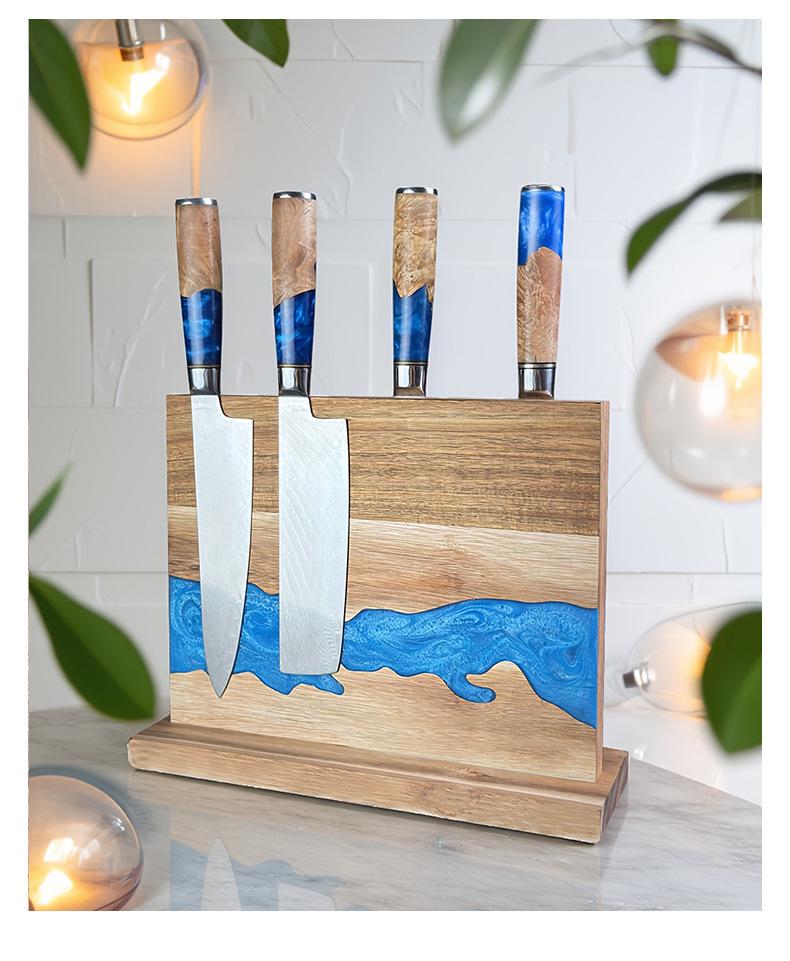 Double-Sided Magnetic Acacia Wood Knife Holder with Resin Mosaic