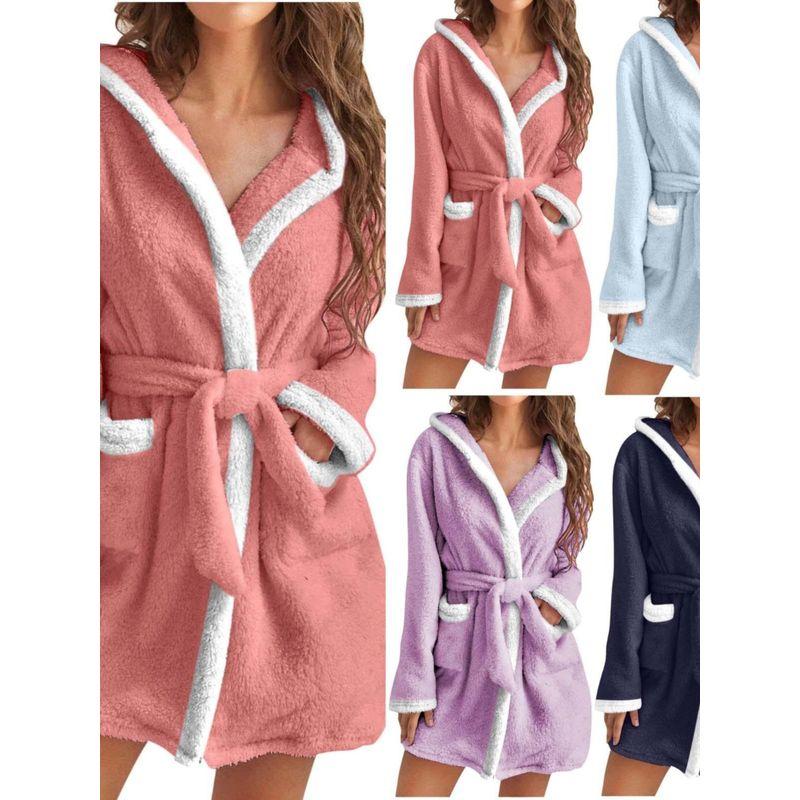 Women's Winter Warm Fuzzy Hooded Bathrobe Hooded Pajamas Plush Bathrobe for Women