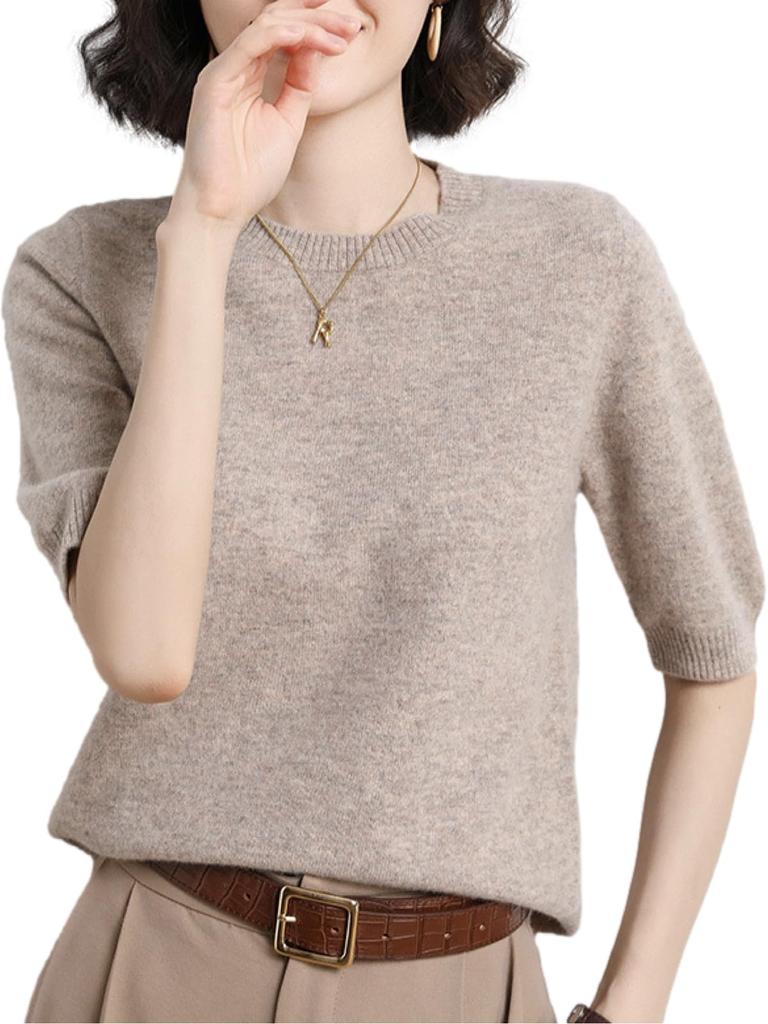 BN1 Select Summer Knit Short Sleeve Office Elegant and BN244 BEG M Women's Top, Wear, T-Shirt, Spring, Summer, Fall, 5/8 Sleeve, Beige,