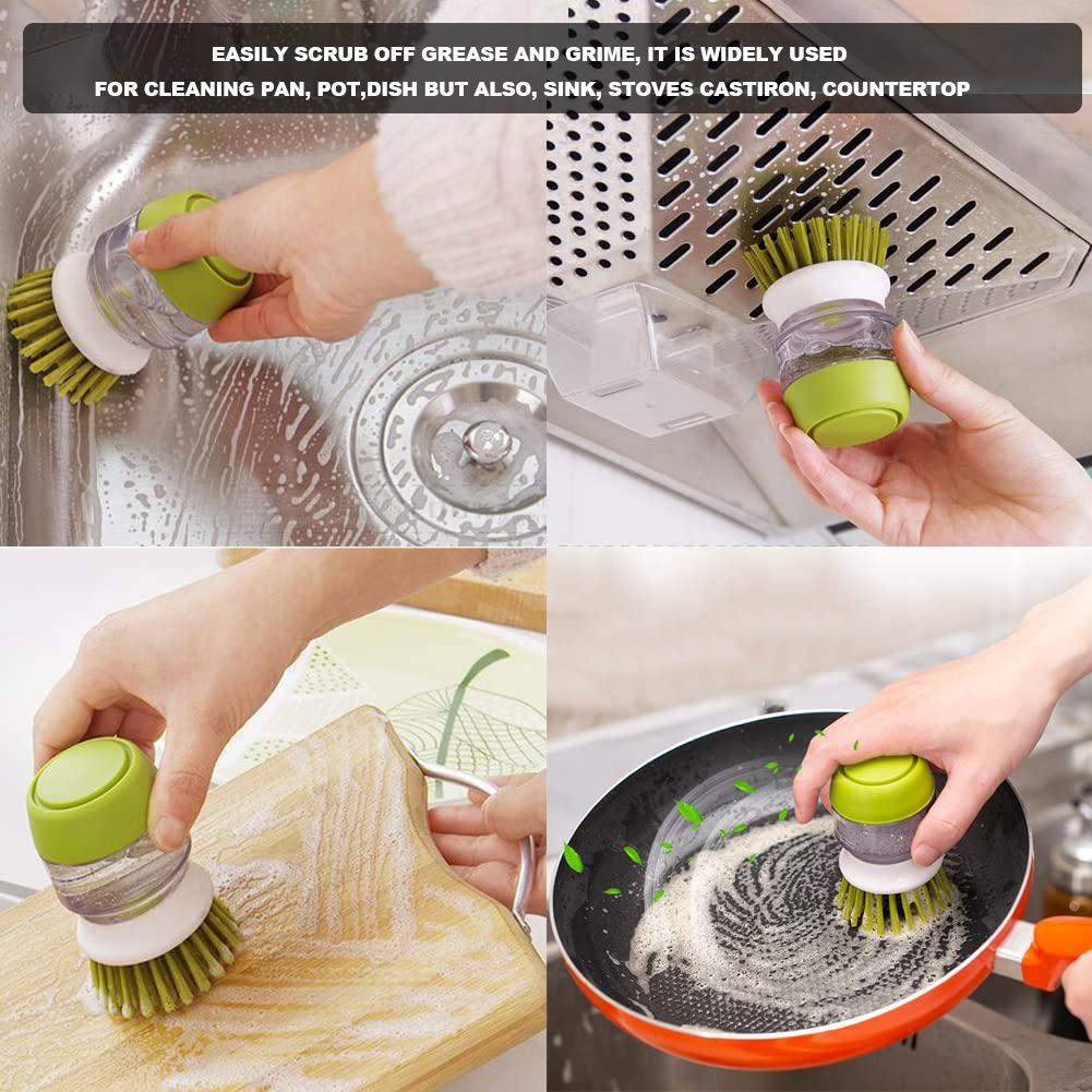 Dispensing Palm Scrub Brush Drip Tray Lazy Dish-Washing Scrub with Soap Dispenser Non-Stick Oil Kitchen Cleaning with Holde