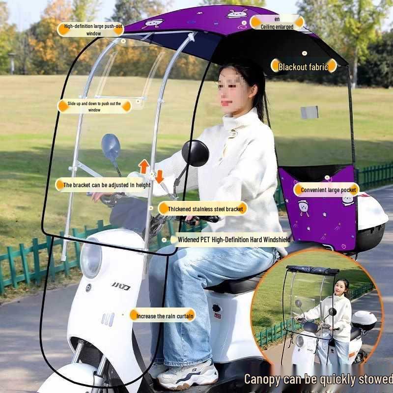 Electric Vehicle Detachable Folding Awning: Retractable Sunshade, Windproof & Rainproof for Pedal Motorcycles.