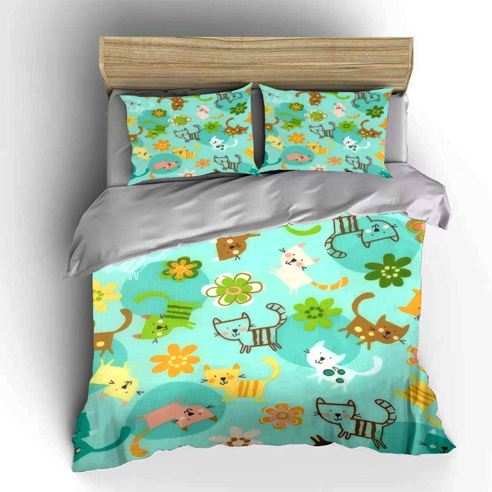 3Pcs Cute Cat Bedding Set, Colorful Cartoon Cats And Flowers Print Duvet Cover + 2 Pillowcases, Kids Nursery Decor