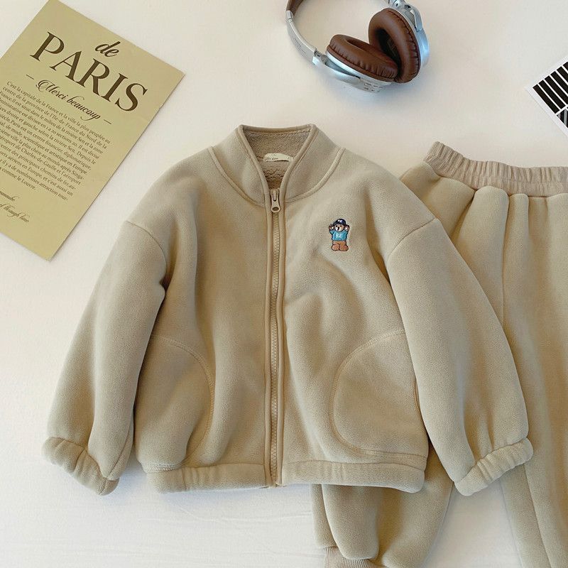 Boys Plus Velvet Thick Jacket Winter Children's Clothing Polar Fleece Children's Baby Warm Jacket Trousers Two-piece Suit