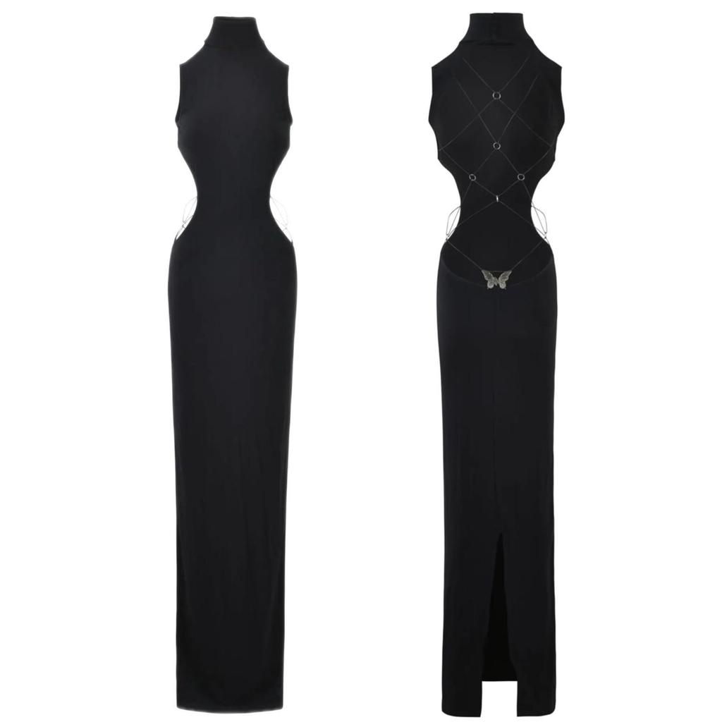 IAMGIA Spiderweb Bow Black Hollow-Out Sexy Slit Dress
