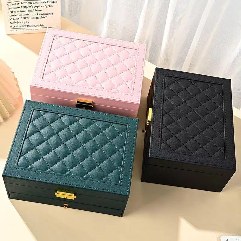 2-Drawer Jewelry Box Large Capacity Jewelry Storage Box with Lock Diamond Pattern Ring Jewelry Gift Box Accessories Packaging Box PU Leather Material