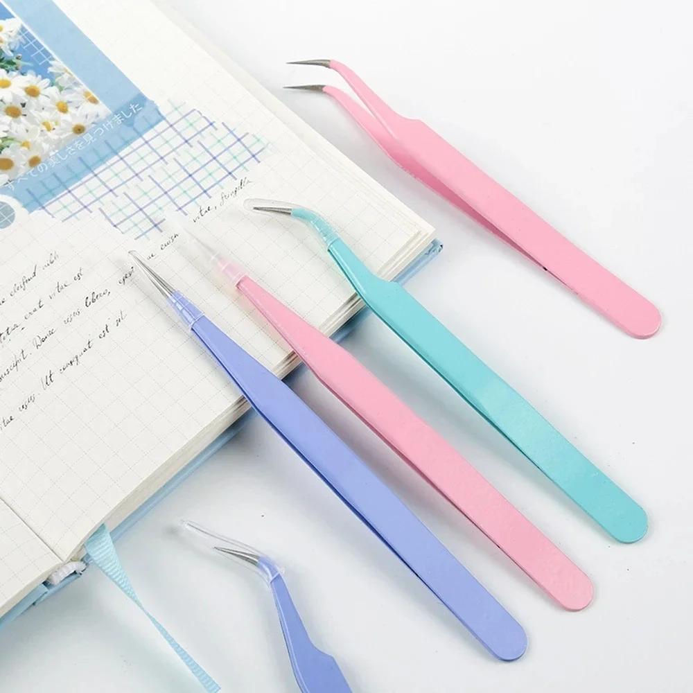 Stainless Steel Straight Curved Tweezers Colorful Pink Blue Purple DIY Eyelash Tweezer Nail Art Sticker Rhinestones Picking Tool