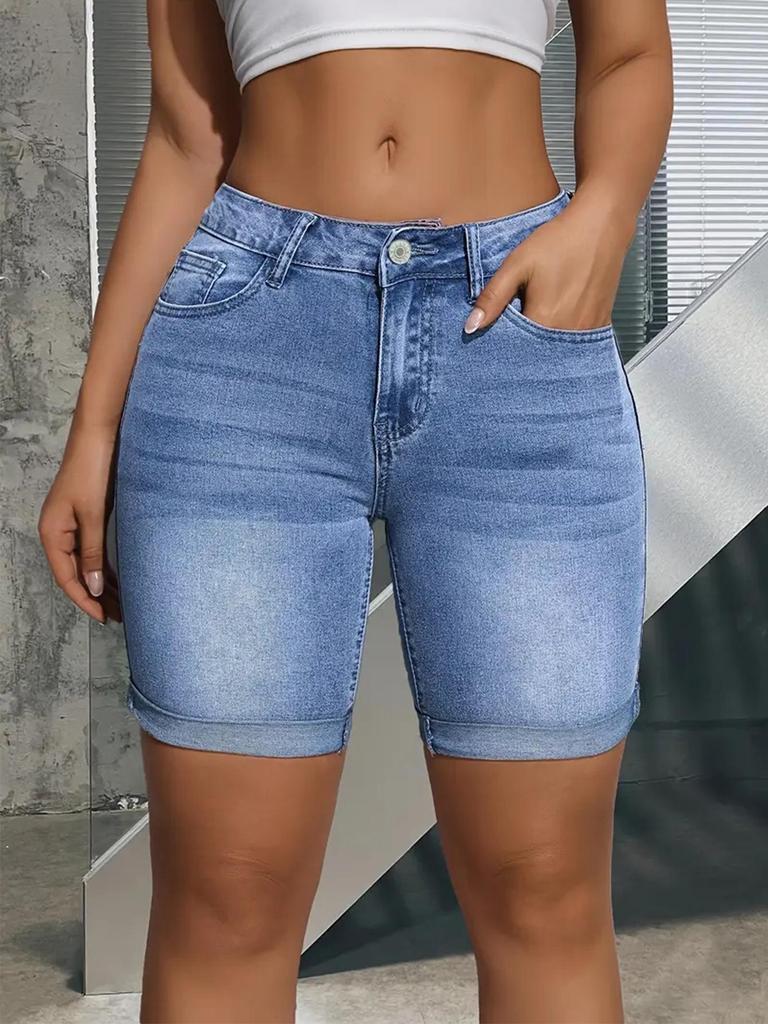 Women's Light Blue Stretchy Denim Shorts, Rolled Hem, Slimming, Mid-Length, Versatile.
