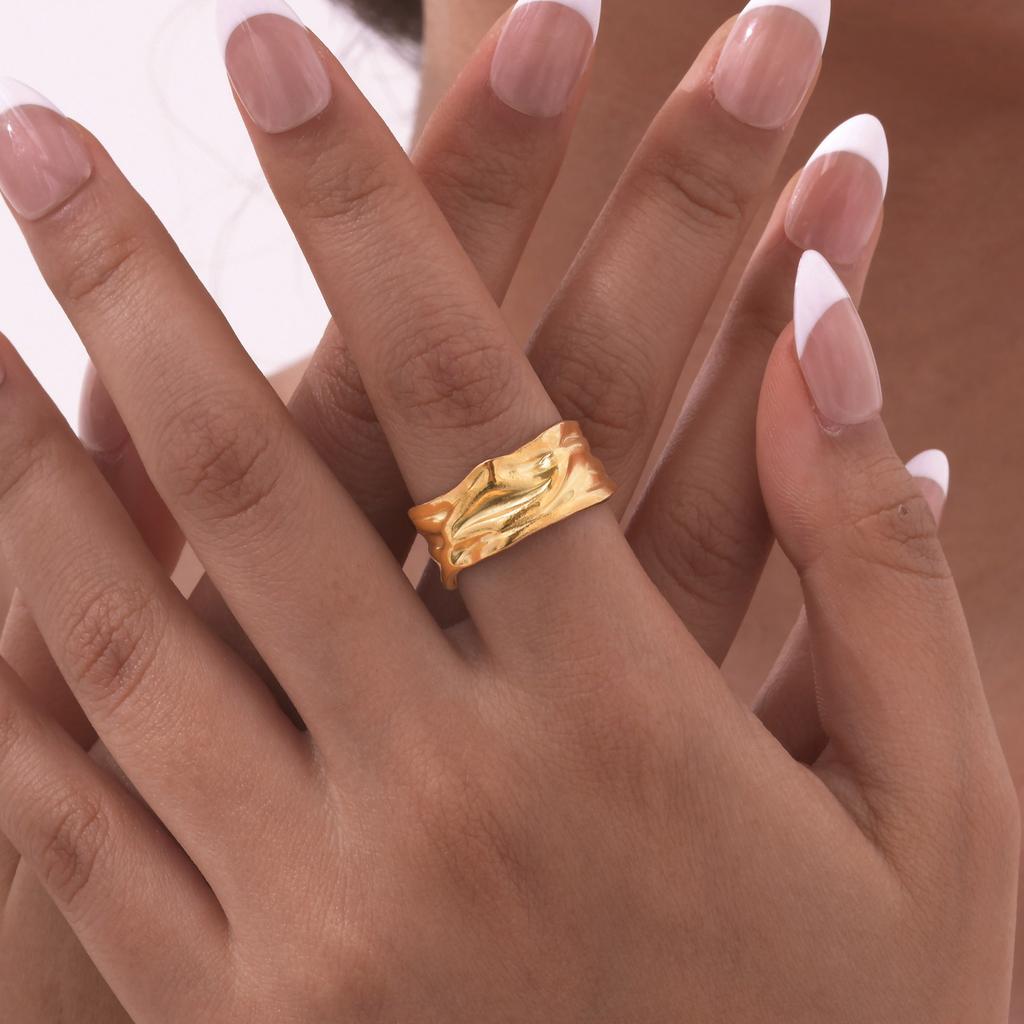 Vintage Irregular Textured Opening Ring for Women,Gold Color Stainless Steel Geometric Wedding Rings,Trendy Jewelry Gift