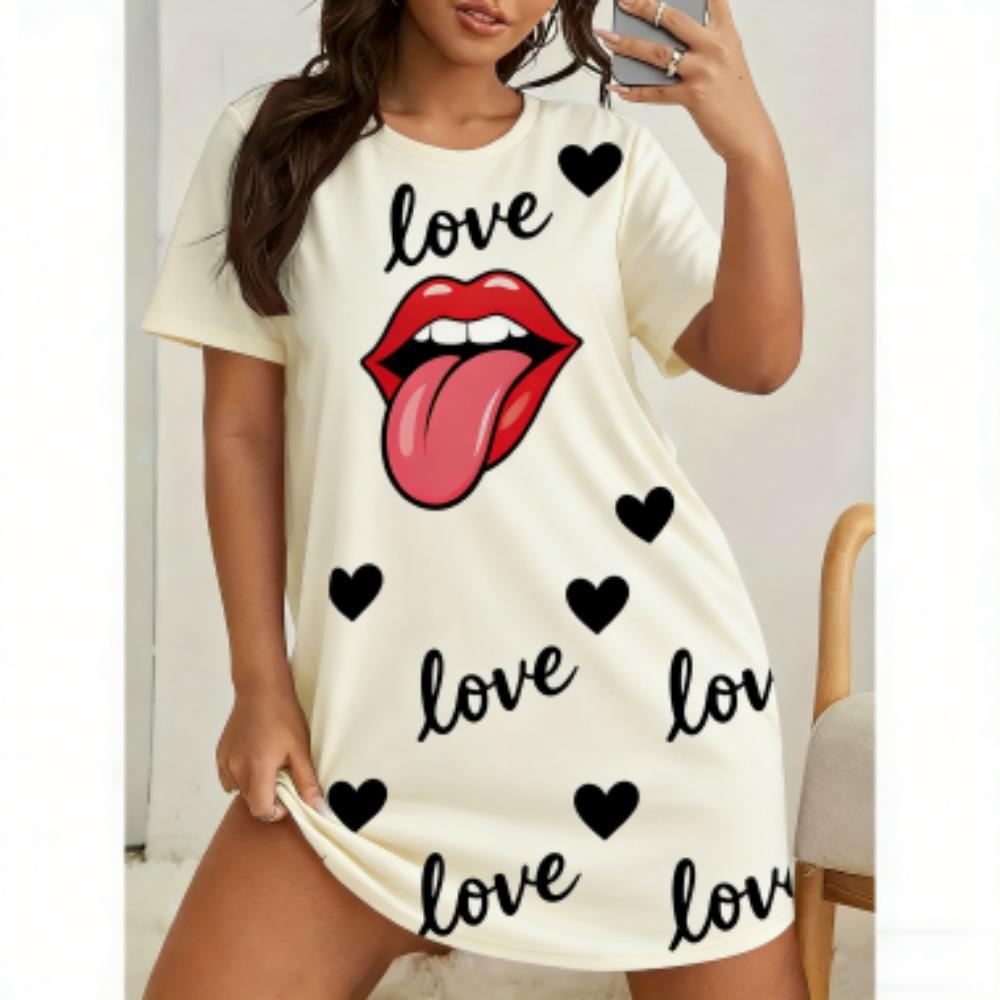 Sexy Lips Print For Women Short Sleeve Sleepwear Dresses Loose Casual Fit Tee Nightwear Home Clothes Nightie Loungewear Dresses