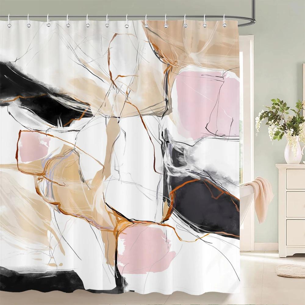 Gradient Marble Ink Texture Shower Curtain Waterproof Colorful Abstract Geometry Bath Curtain Bathroom Decor Curtain With Hooks