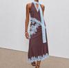 Slim-fit long dress neck V-neck light blue floral lace splicing neck strap float and ground fish tail dress
