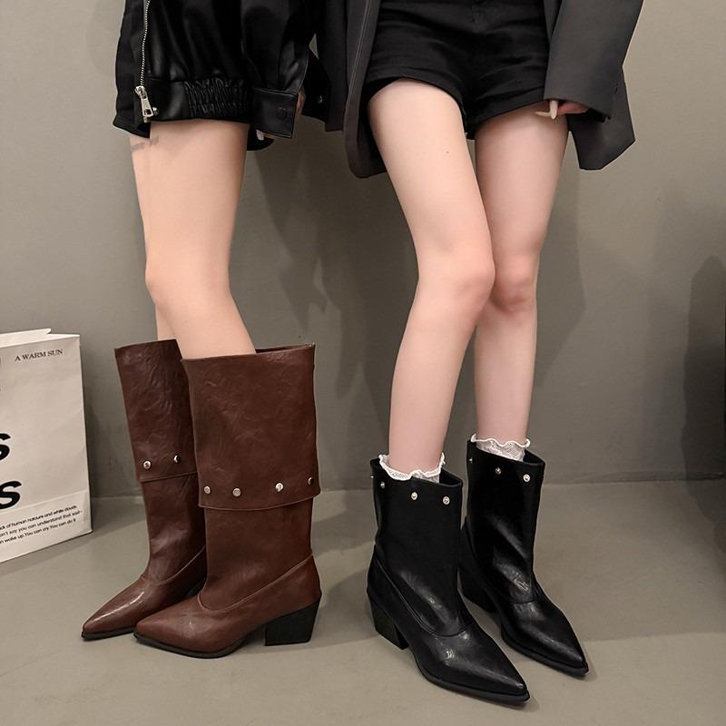 Black Mermaid Ankle  Retro Round Head Small Design Sense Long Tube  Rivet Knight Boots Over Knee High Boots