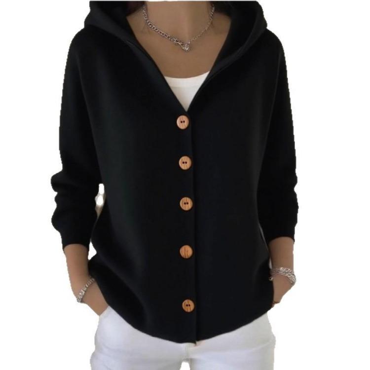Autumn Winter Knitted Hooded Sweater Cardigan Button Casual Fashion Solid Color Women Wear