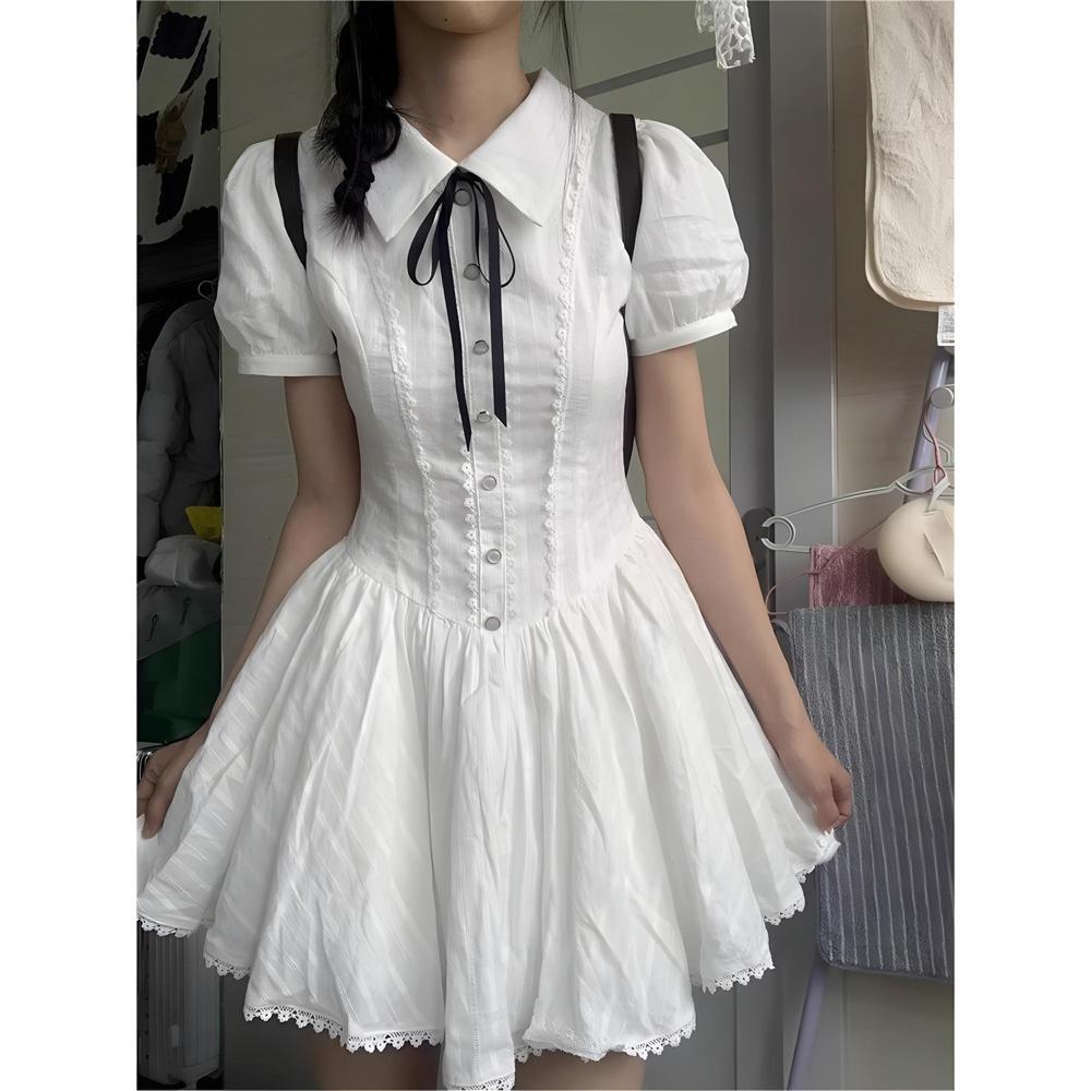 Preppy style white puff sleeve shirt dress women's summer temperament waist small man sweet short skirt