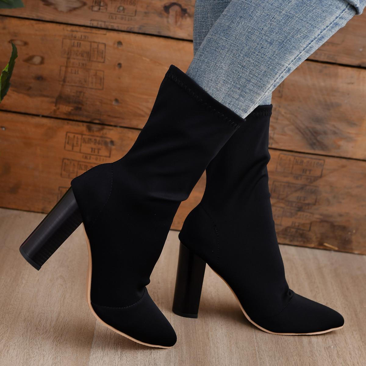 

Женская обувь 2024 Мода Женские сапоги Квадратный каблук До середины икры Ботильоны для женщин Острый носок Эластичные сапоги-носки Bota Feminina 43