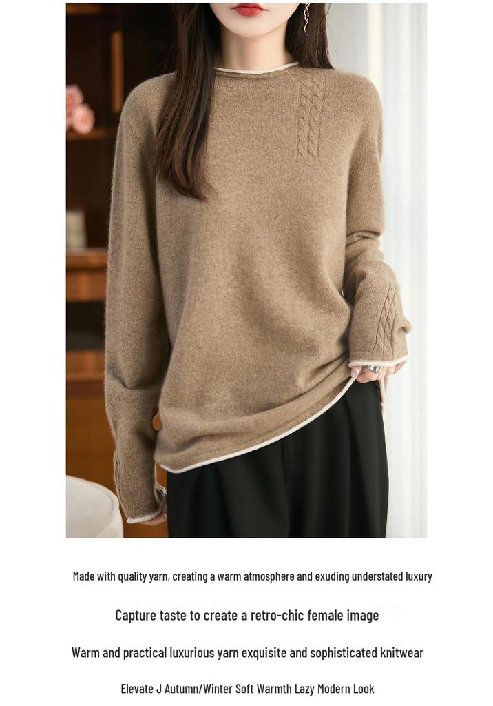 Autumn/Winter Pure Wool Cable Knit Double Round Neck Rolled Hem Long Sleeve Color Block Loose Pullover