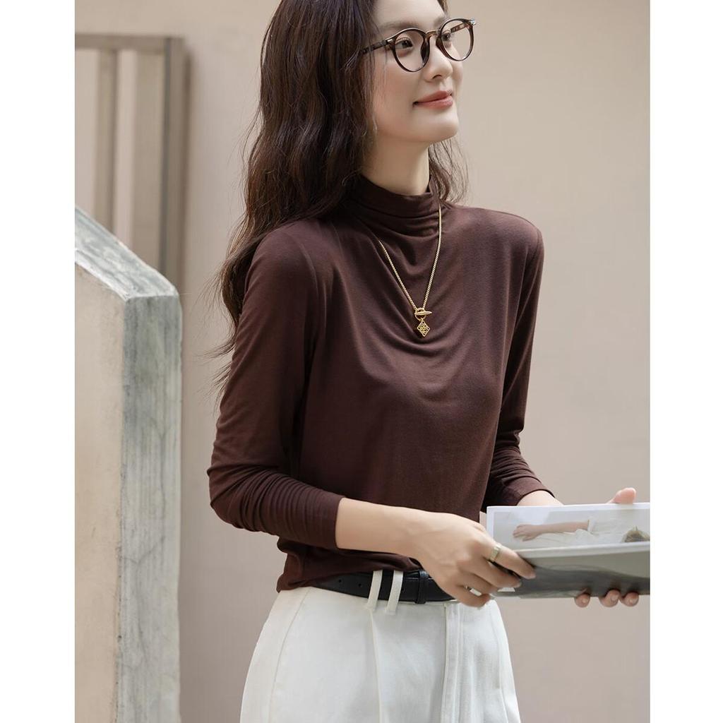 dme Warm Ginger Fleece Autumn New Slim Fit Thin Half Turtleneck Long Sleeve Women's Base Shirt