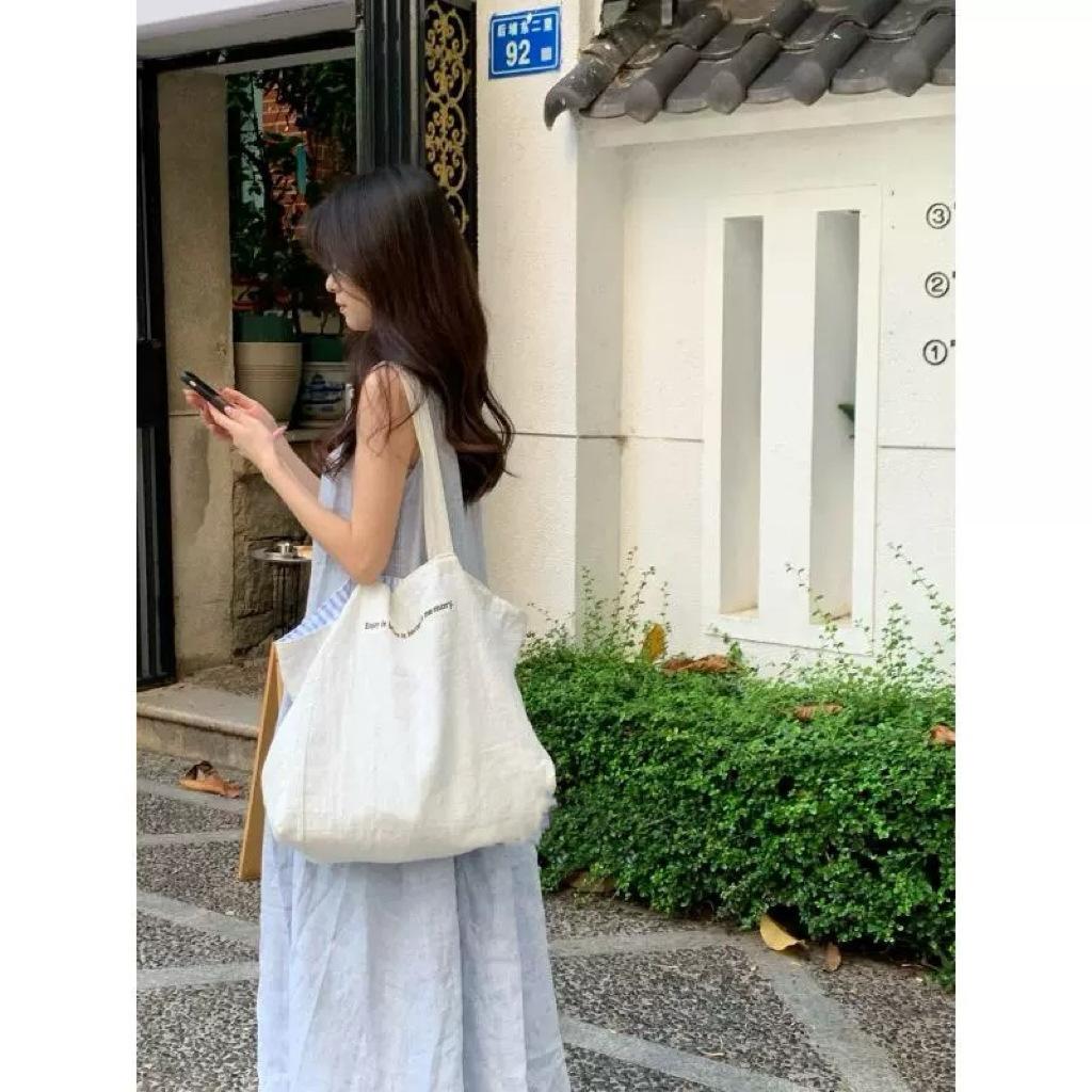 

Large capacity canvas bag women 2025 new double-sided striped canvas bag letter shoulder tote bag travel storage bag белый