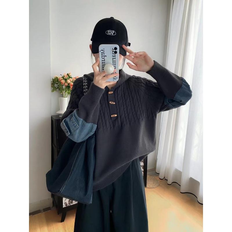 Retro hooded twist splicing denim knitted sweater top autumn new loose design sweater pullover woman