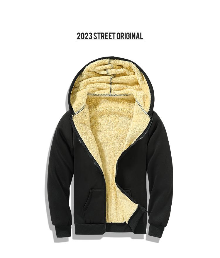 Men's Black Lambswool Thick Winter Hooded Coat with Zipper - Versatile, Loose-Fit Hoodie