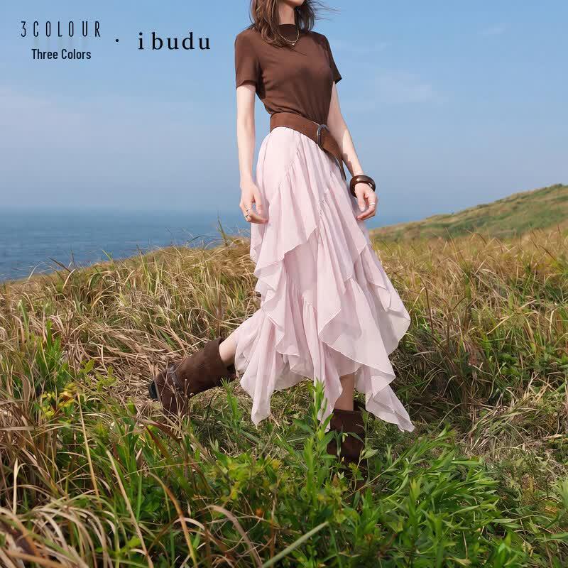 SanCai Ruffled High-Waist Chiffon Midi Skirt L