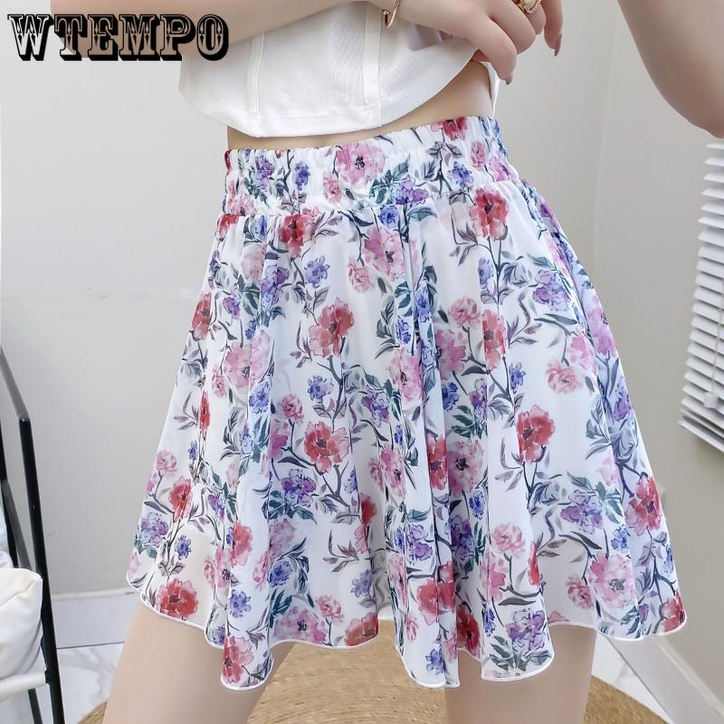 Summer Versatile Chiffon Floral Skirt Female Sweet and Fresh Elastic High Waist Thin A Line Half-body Skirt