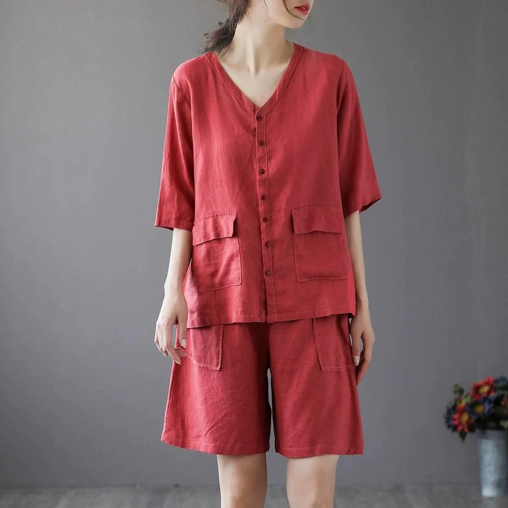 Summer Casual Sports Suit Women's V-neck Cotton and Linen Short-sleeved Shirt and Shorts Two-piece Suit