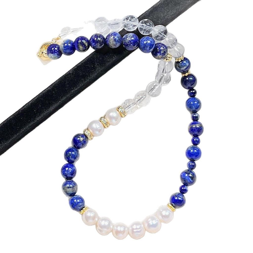 Natural Freshwater Pearl White Crystal Lapis Lazuli Design Sense Necklace Collarbone Chain Sweater Chain