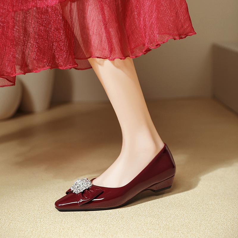 French Light Mouth Single Shoes Women's 2025 New Spring and Autumn Patent Leather Rhinestone Small Square Head Nude High Heels Thick Heel Not Tired 