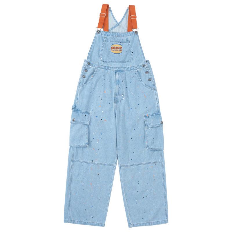 Autumn Splashing Ink Design Denim Overalls Men's Oversize Korean Version of Loose Retro Tooling Trousers