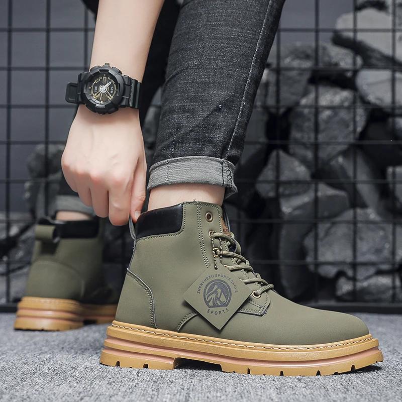 Men's Leather Shoes High Top Boots Fashionable Motorcycle Shoes Ankle Boots Winter Boots Men's Hiking Shoes Lace Up Botas Hombre