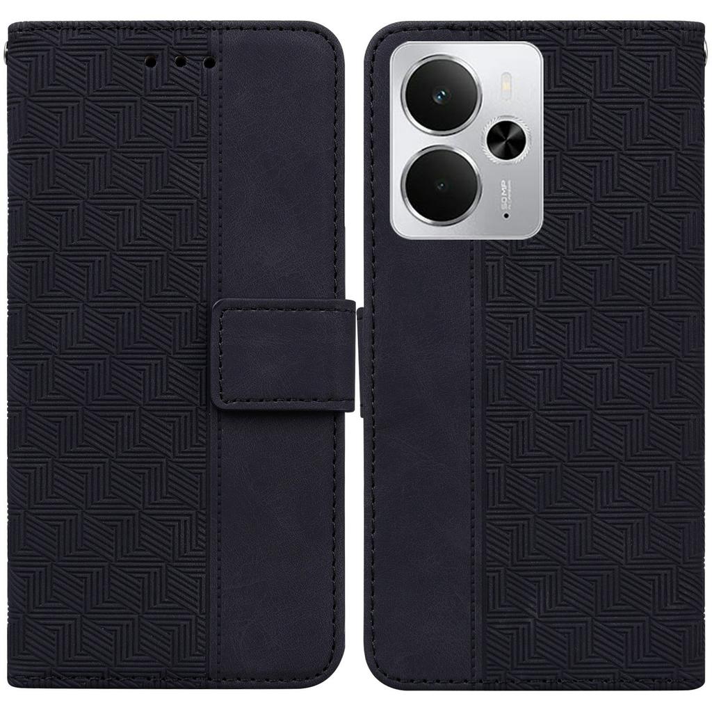 For Realme 14 5G Case Geometry Pattern Leather Wallet Phone Cover with Wrist Strap