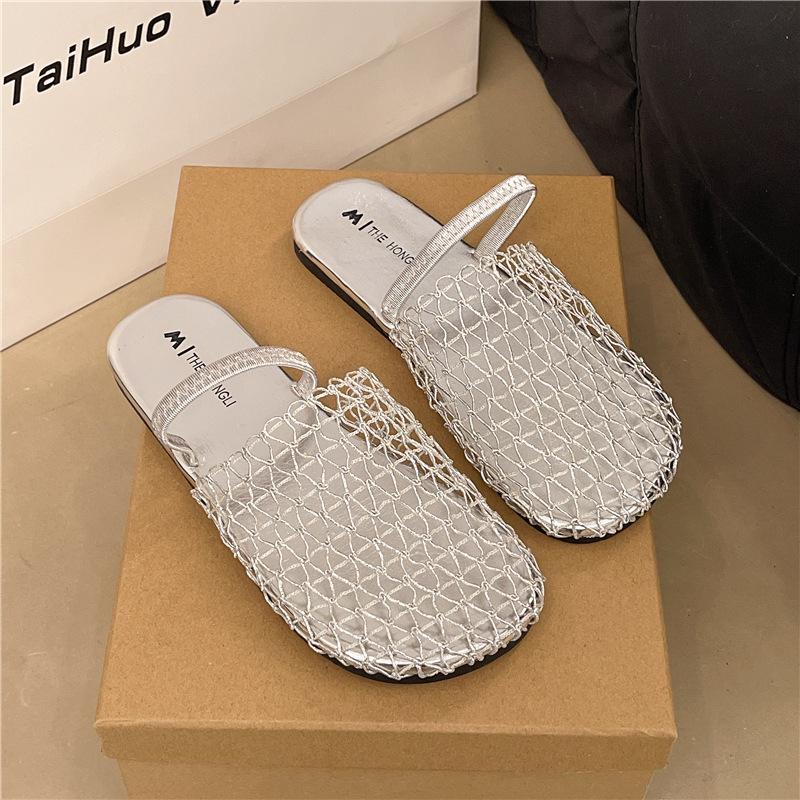 Temperament French Slippers Korean Version of Muller 2025 Summer New Hollow Mesh Bag Head Half Slippers Breathable Lazy Cool