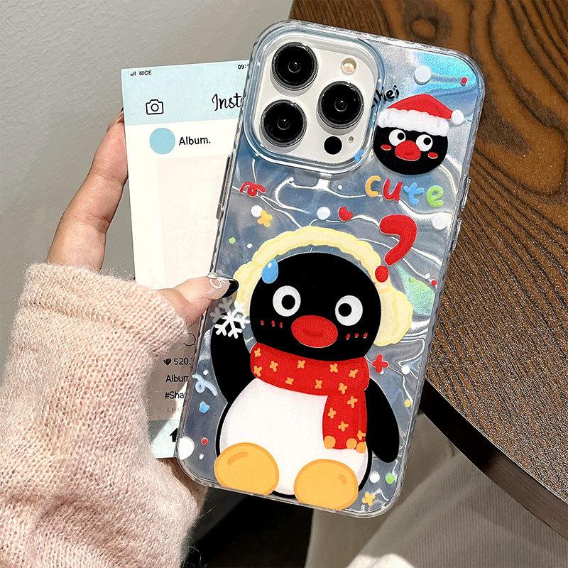 Cute Penguin Water Corrugated Hard Shell Applicable To Apple 16 Mobile Phone Case IPhone 15 Protective Case 14 13 Large Hole Model