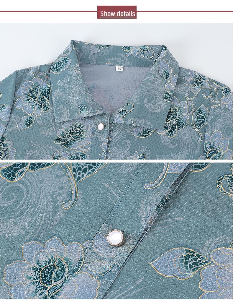 Printed Short-Sleeve Shirt for Middle-Aged Women, Loose Lapel Cardigan for Seniors