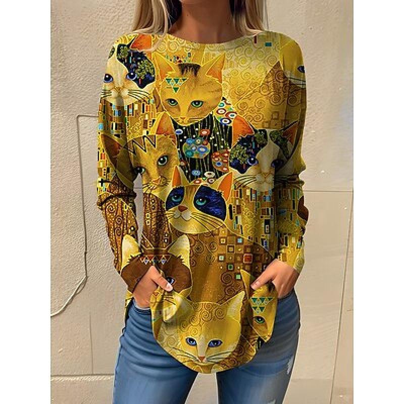 Women's T shirt Tee Animal Daily Weekend White Navy Blue Blue Print Long Sleeve Fashion Round Neck Regular Fit Spring &  Fall