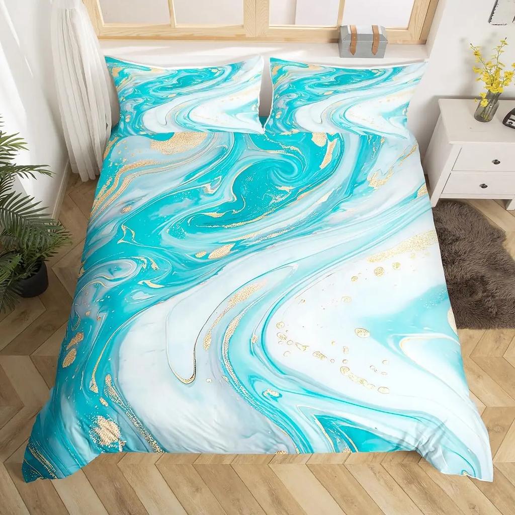 Blue Marble Duvet Cover, Geometric Comforter Cover Twin Queen Size Golden Stone Pattern Bedding Set Abstract Trippy Quilt Cover