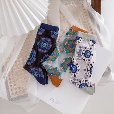 Glasseide Socken Damen Sommer Ultradünne Transparente Kristallseide Socken Atmungsaktiv Harajuku Retro Stickerei Elastische Lange Socken
