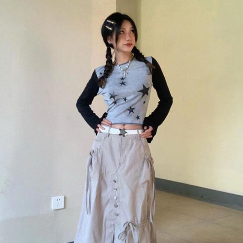 2KWEIRD Y2k Aesthetic Star Print T-shirt Long Sleeve Spring Basic Streetwear Cropped Top Slim Harajuku Contrast Color Casual Tee